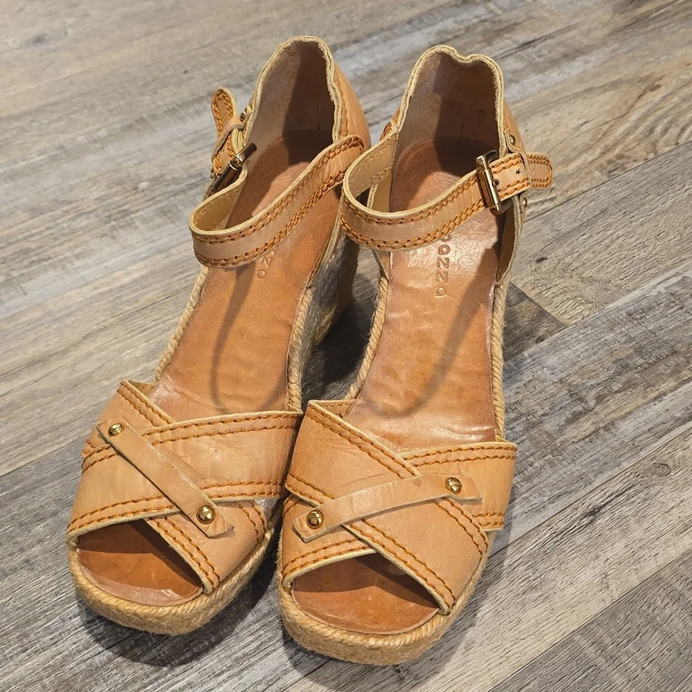 Apepazza‎ Tan Suede Espadrilles Leather Wedge Sandals Size 8.5